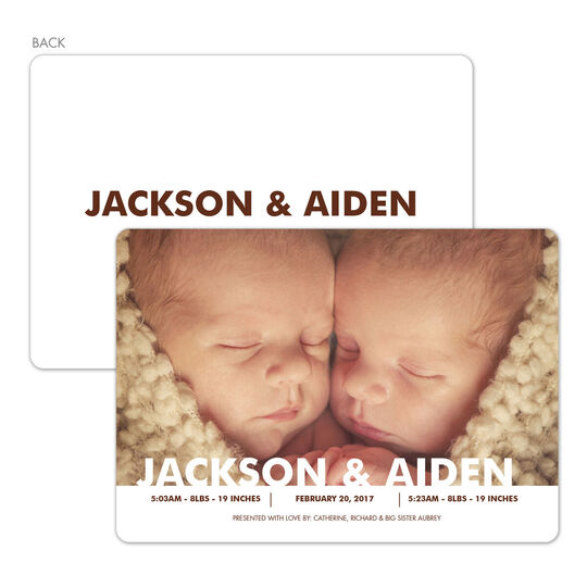 Brown Double Name Twins Photo Birth Announcements